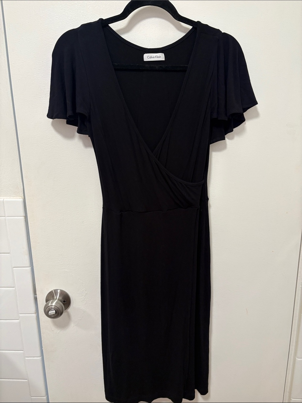 Calvin Klein Black V-Neck Midi Faux Wrap Dress